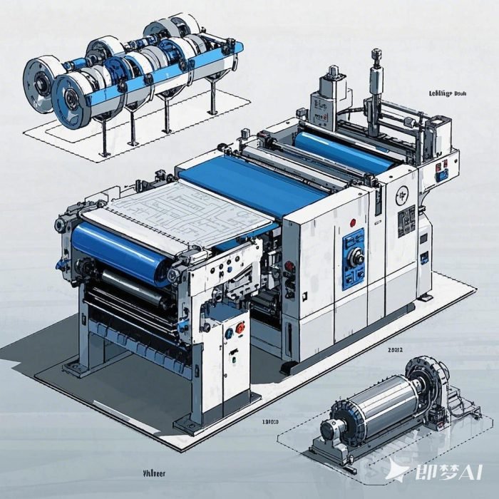 柔版印刷机与胶版印刷机的结构对比示意图，展示弹性印版滚筒与平版印刷单元，工业设计蓝图风格，精确的机械部件分解图，浅灰色背景突出技术细节